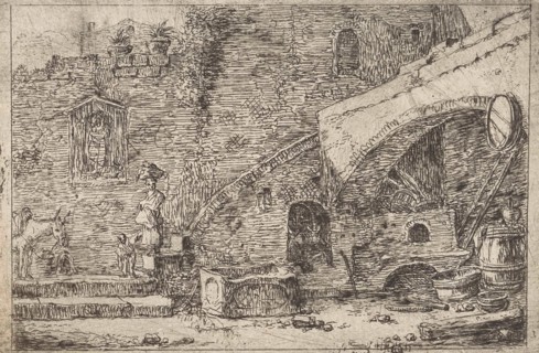 Courtyard with wife and child at a staircase, Thomas Wijck, 1626-1677