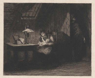 Woman with child by lamplight, Willem Steelink II, 1866-1928
