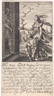 Pandora and Epimetheus, print maker: Pieter Serwouters, 1601 - 1657