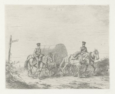 Two soldiers on horseback on the road, print maker: Christiaan Wilhelmus Moorrees, 1811 - 1867