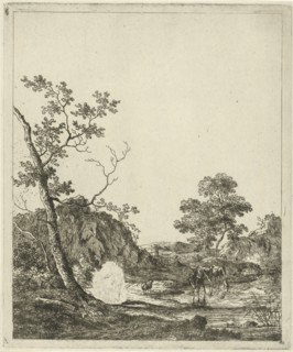 Landscape with cattle in river, print maker: Johannes Janson, 1761 - 1784