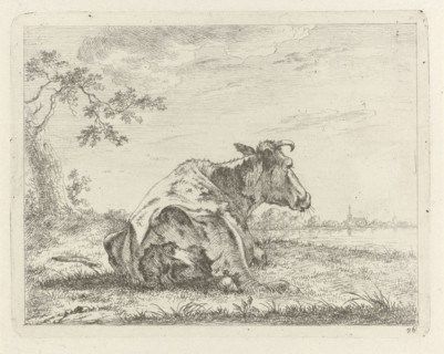 Lying cow on waterfront, Johannes Janson, 1761 - 1784