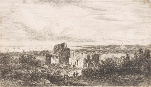 Coastal landscape with ruins, Johannes Pieter van Wisselingh, 1830 - 1878