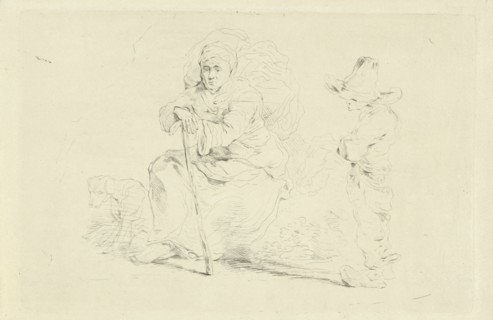 Resting woman leaning on a stick, print maker: Jean Zacherie Mazel, 1802 - 1884