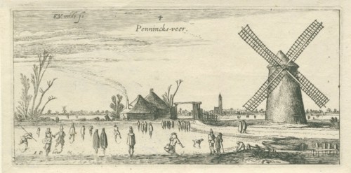 Skaters on the ice at a mill near Penningsveer, Esaias van de Velde, 1615 - 1616