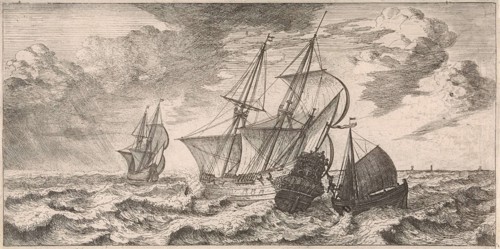 A pilot is taken at sea aboard from a pilot boat, print maker: Joost van Geel (attributed to),