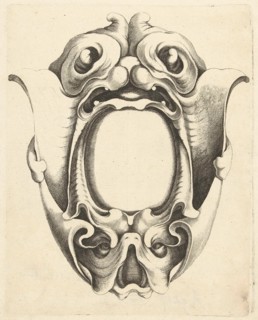 Cartouche with top and bottom of a mask, Jacob Lutma, Johannes Lutma (I), Frederik de Wit, c. 1654