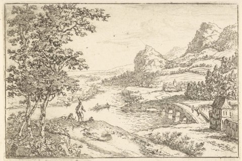 Stone bridge at a river junction, Jan van Almeloveen, 1662-1683