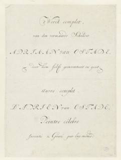 Title engraving of the complete series of prints by Adriaen van Ostade, Anonymous, weduwe van Jean
