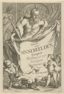 The Death personified holding a cloth on which the series title in ten lines in Dutch, three putti,