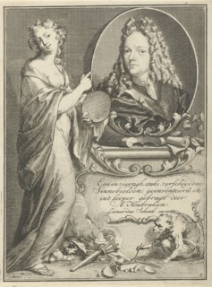Female Figure with palette pointing to portrait of Arnold Houbraken, Arnold Houbraken, A.