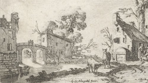 Hearing, at the river are a farm, a tower and other buildings, against the tower ladder a woman and