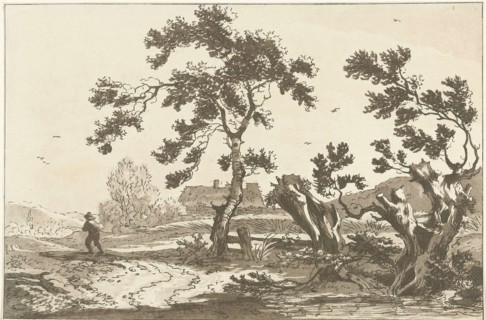 Landscape with trees along a road, on the way a traveler seen from the back, print maker: Hendrik