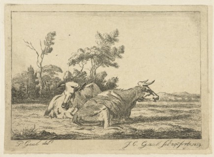 Two white cows lying in front of a group of trees, Jacobus Cornelis Gaal, 1859