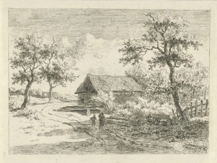 On a road walk a man and a child along some tree trunks, in the background trees and a farm, print