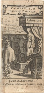Dutch Virgin with lion on throne speaks to men from different countries, with title cartouche,