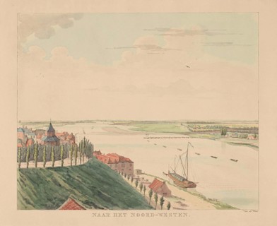 View of the Valkhof and Waal northwest of Nijmegen, The Netherlands, print maker: Derk Anthony van