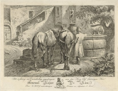Drinking horses at a fountain, Johannes Mock, Maximiliaan Jacob de Man, 1825