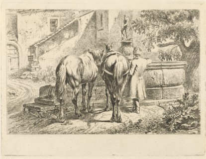 Drinking horses at a fountain, Johannes Mock, 1825