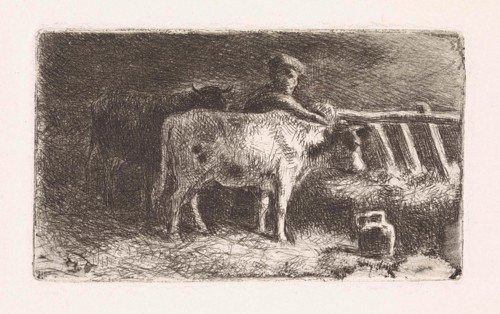 Farmer between two cows in a stable (small version), Jan Vrolijk, 1860 - 1894