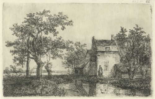 Woman with a basket for a farm house near the water, Hermanus Jan Hendrik van Rijkelijkhuysen, 1857