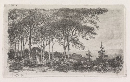 A wooded landscape with the left in the foreground a woman with a basket on her back, print maker: