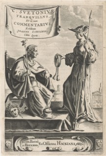 On a pedestal is an emperor on his throne, beside a Medusa head, his foot rests on a top hat, in