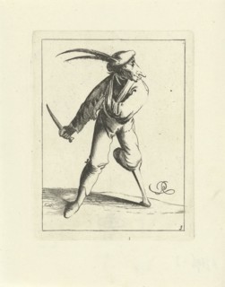 A fool with a wooden leg and arm in a sling has a knife in his hand, he wears a beret with long