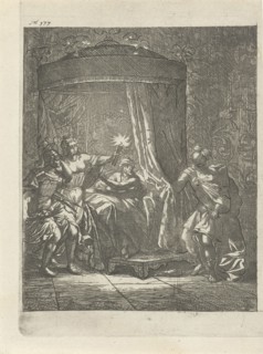 In a dark bedroom is Aristodemus prince of Cuma in bed while he is betrayed by his companion
