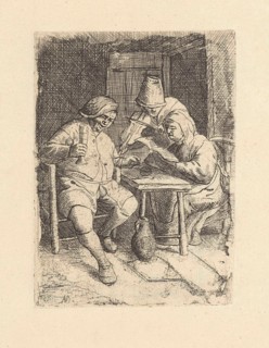 Behind a table in an interior is a woman who sings from a songbook, Next to her is a man who plays