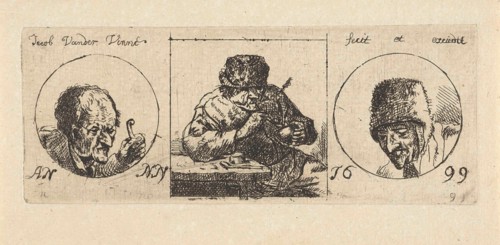 In the middle a smoker, right the head of a man with fur hat, left the head of a man holding in his