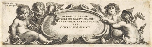 Four putti around a cartouche, print maker: Anonymous, Cornelis Schut I, unknown, 1618 - 1705