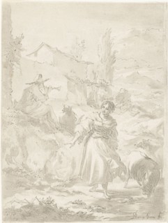 Shepherd sits on a rock and plays pipe, a shepherdess, goats, print maker: Jurriaan Cootwijck,