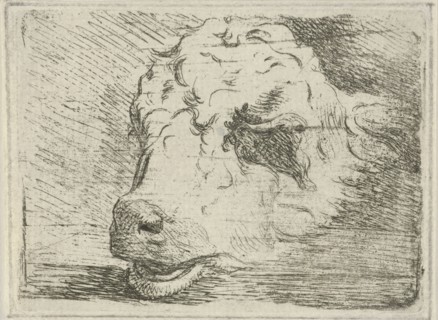 Head of a calf, resting on a beam, Jan Collaert (II), Philips Galle, Cornelis Kiliaan, 1588 - 1595