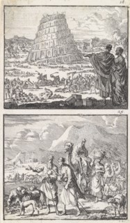 Construction of the Tower of Babel, Abraham and Lot leave their homeland, Jan Luyken, Barent