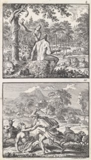 Adam and Eve in paradise, Abel beaten by Cain, Jan Luyken, 1698