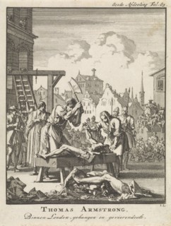 Thomas Armstrong hanged and quartered in London, 1684, Jan Luyken, Jan Claesz ten Hoorn, 1698