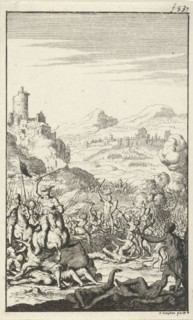 Fight between the armies of Poliarchus and Ambiodorix, Jan Luyken, Jan Claesz ten Hoorn, 1681