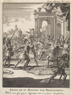 Eric IV of Denmark pierced by his own bodyguard with a spear, 1250, Jan Luyken, Jan Claesz ten