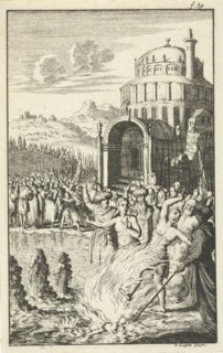 Alcidamis slain by flames that rise from the water, Jan Luyken, Jan Claesz ten Hoorn, 1681