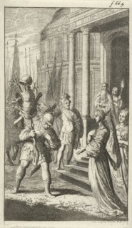 Poliarchus meets Queen Hyanisbe after his victory over Radirobanes, Jan Luyken, 1680