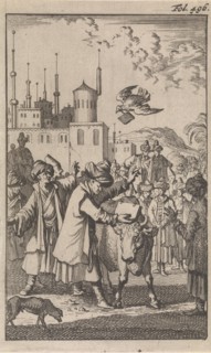 On a large square a crowd of Turks sees how Mahomed takes a book that is held between the horns of