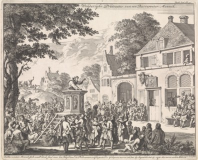 Monk preaching from a pulpit in front of an inn, Jan Luyken, 1696