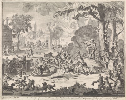 Riot at Tours where the corpse of a Protestant is mistreated, France 1621, Jan Luyken, Caspar