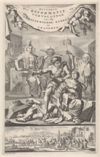 Gallia and the French Catholic Church watch how the Reformed Church is lashed, Adriaen Haelwegh,