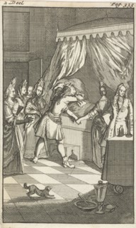 Mirandor's brother at the bedside of Rosamire, Caspar Luyken, Pieter van Rijschooten, 1695