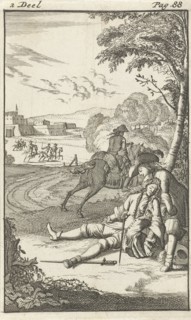 Mirandor finds a wounded man near Arras, France, Caspar Luyken, Pieter van Rijschooten, 1695