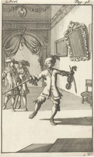Mirandor and Belindor receives a visit from a man who performs dance steps, print maker: Caspar
