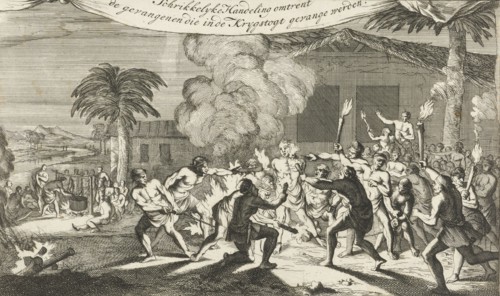 Indians torturing a prisoner with burning torches, Caspar Luyken, Jan Claesz ten Hoorn, 1695