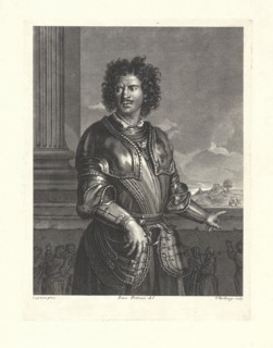 Portrait of an unknown man in a harness, he faces a railing with a relief and is pointing to two